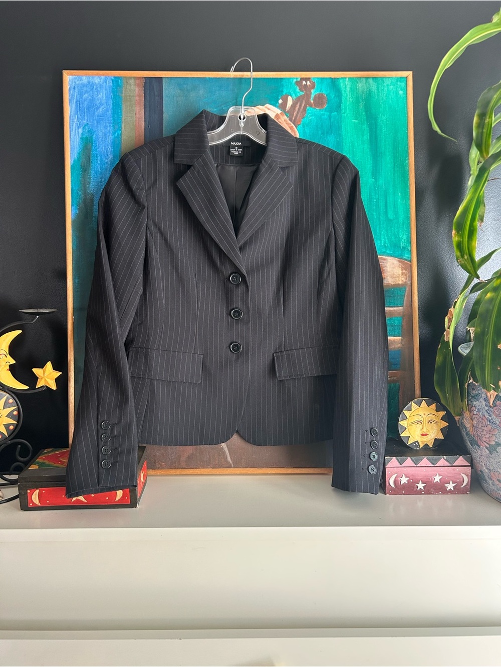 Majora Black Pinstripe Blazer Jacket Career Office Business Women’s Size 10
